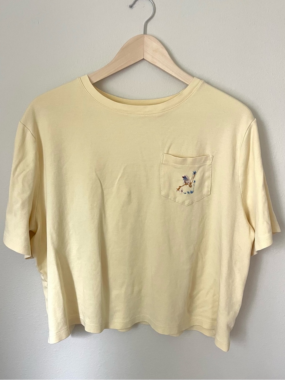 A New Day - Cropped Pale Yellow Pocket Tee with Hand Embroidered Bird – Size XL